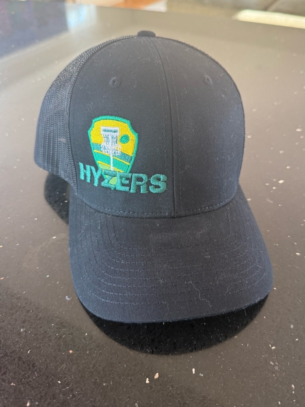 Disc Golf Black Trucker Hat with Green & Yellow HYZERS Patch